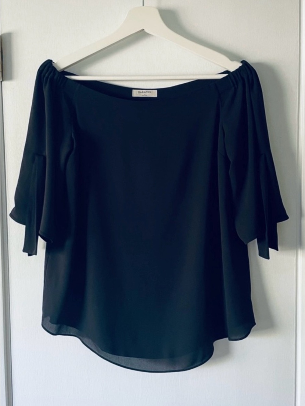 Babaton Malik Off Shoulder Blouse Black Draped Sleeve Top Size S